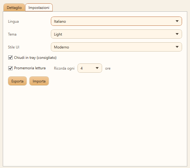 Schermata impostazioni di RenOff con lingua, tema, stile UI ed export/import.