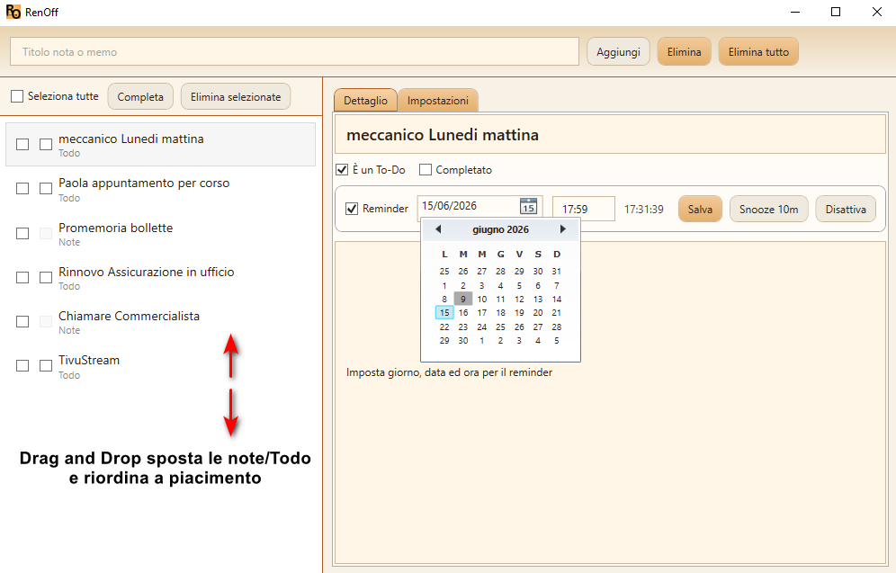 Schermata principale di RenOff con lista note e pannello dettaglio.