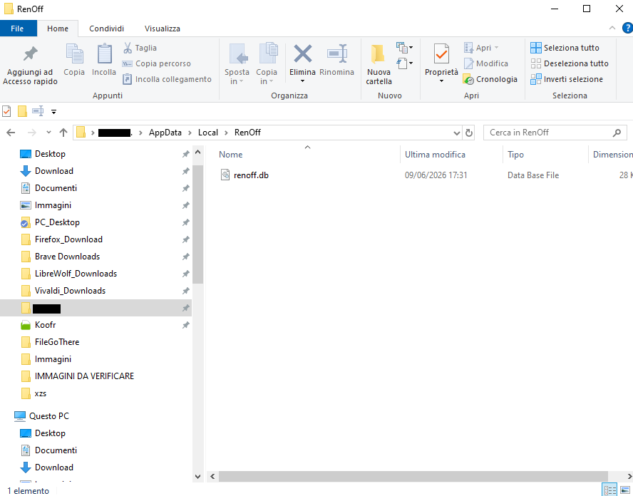 Esplora file di Windows aperto sulla cartella AppData Local RenOff con il file renoff.db visibile.