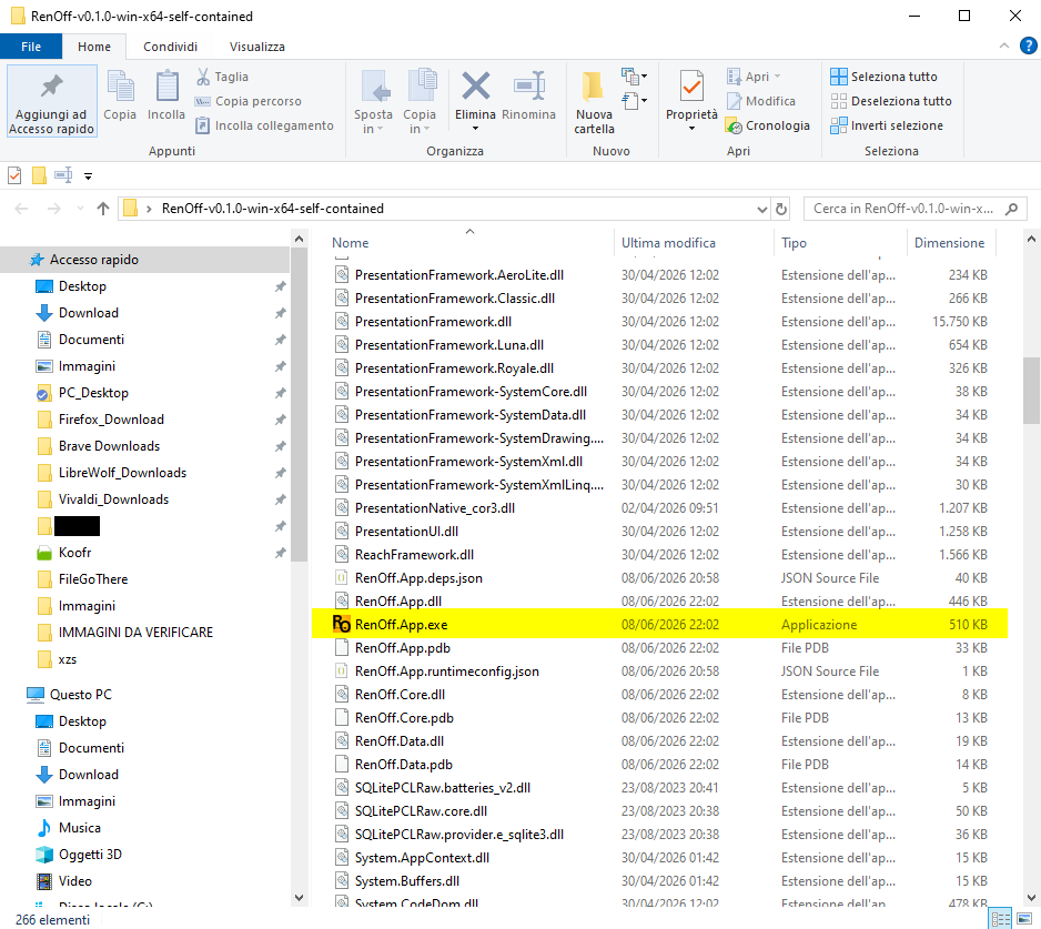 Cartella della build self-contained con il file RenOff.App.exe evidenziato.