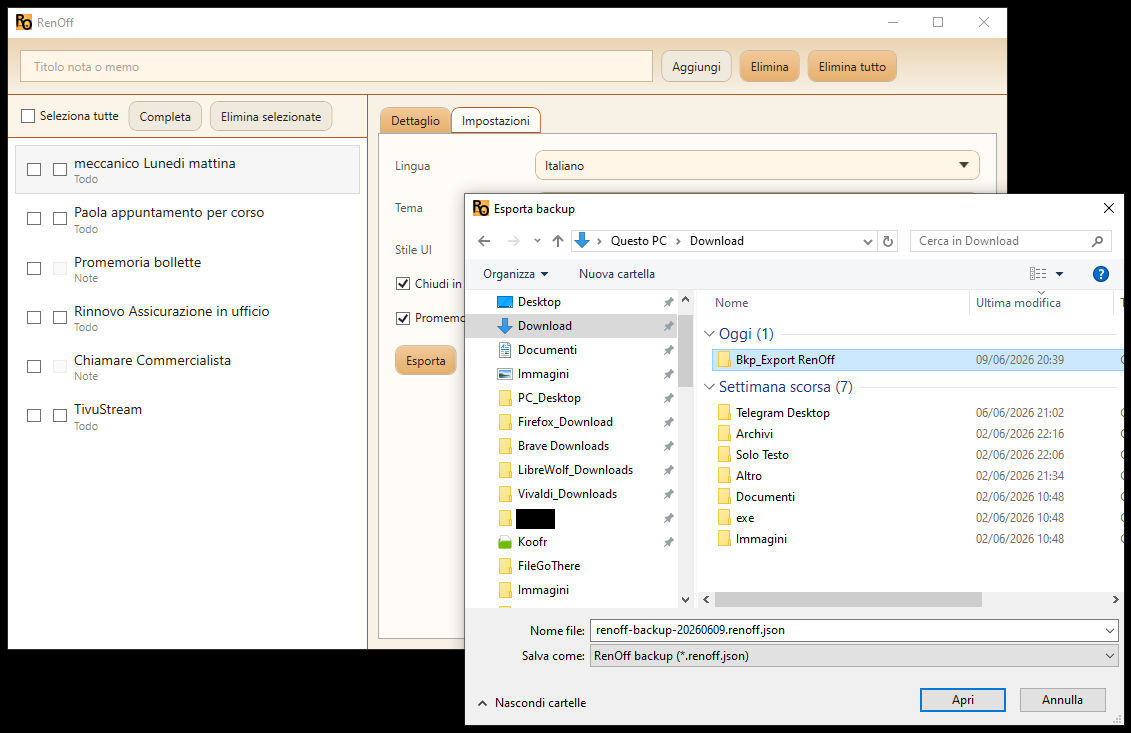 Finestra di esportazione backup di RenOff con salvataggio del file JSON.