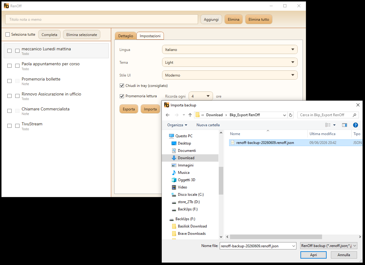 Finestra di import backup di RenOff con selezione del file JSON.