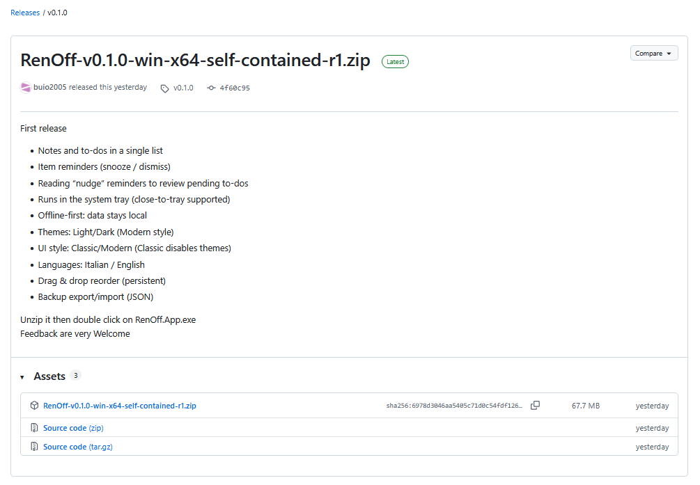 Pagina GitHub Releases con il file self-contained di RenOff disponibile al download.