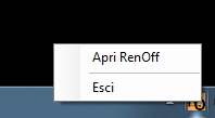 Menu tray di RenOff con opzioni Apri RenOff ed Esci.